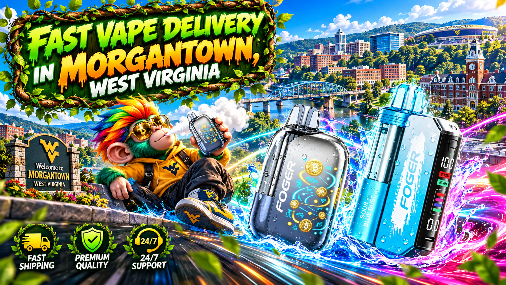 Water-splashed vape devices surge through a colorful Morgantown cityscape with bright energy trails.