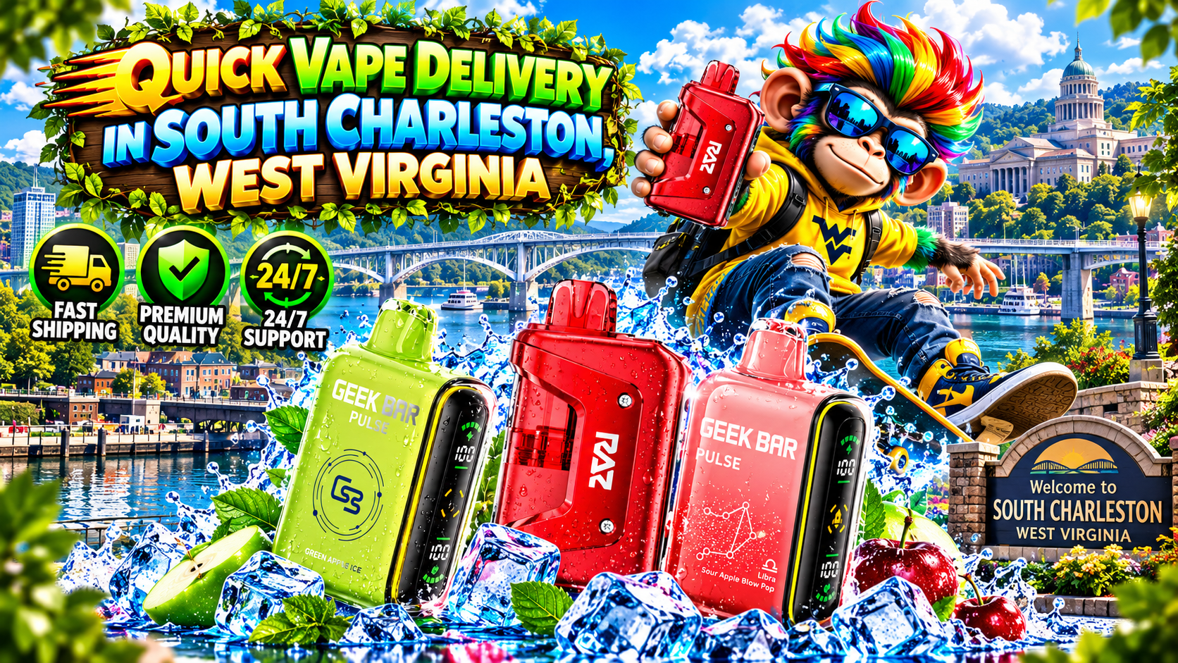 Colorful vape devices with icy water splashes against a sunny South Charleston waterfront scene.