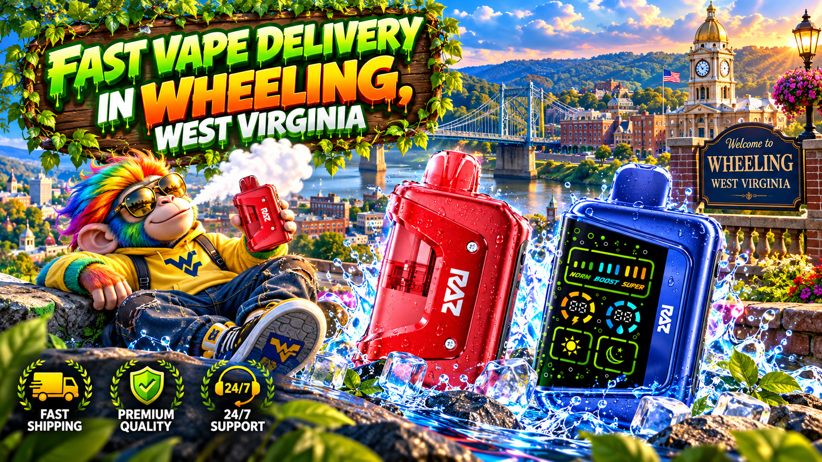 Vibrant Vape Devices in Wheeling, West Virginia Colorful vape devices with water splashes against a scenic Wheeling, West Virginia backdrop.
