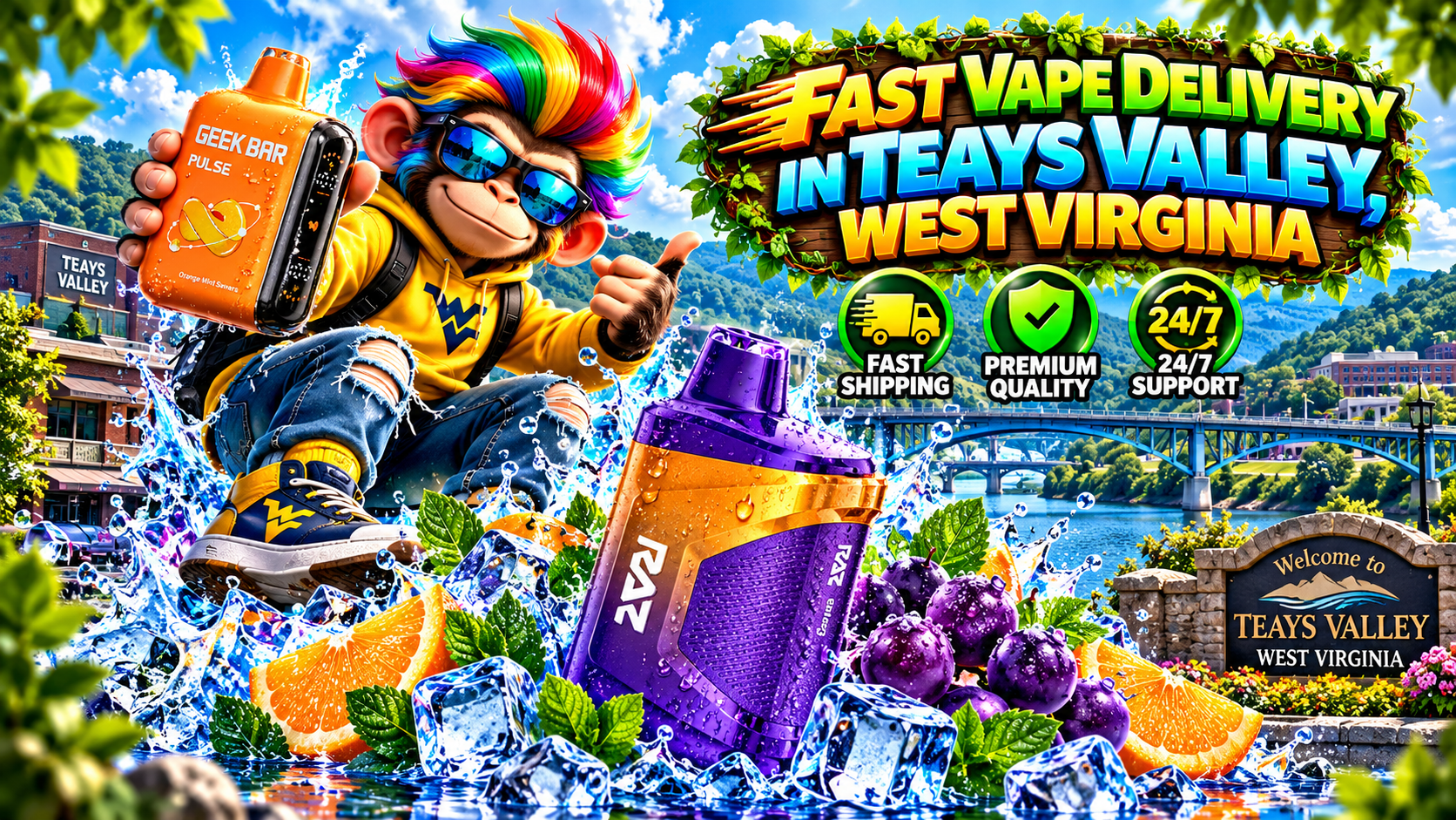 Bold vape devices with water droplets and icy splashes against a sunny Teays Valley landscape.
