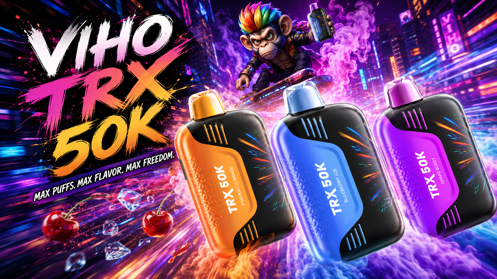 Colorful VIHO TRX 50K vape devices with neon city background and vibrant smoke effects