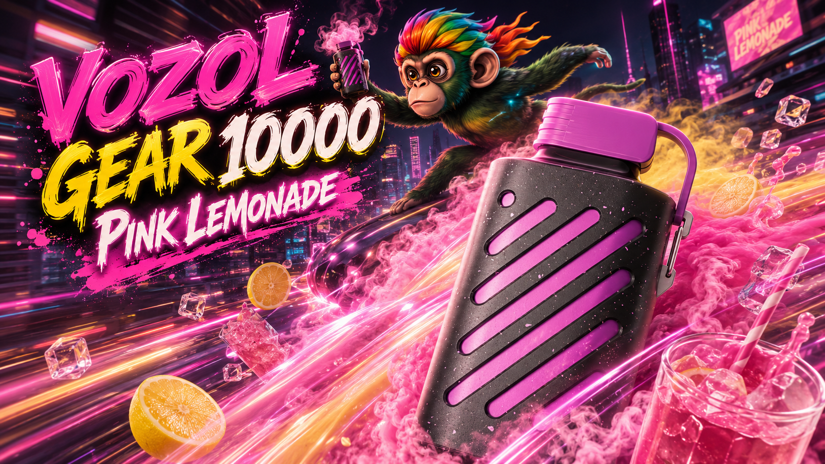 Black and pink VOZOL Gear 10000 vape device with Pink Lemonade flavor, shown in a vibrant neon city scene