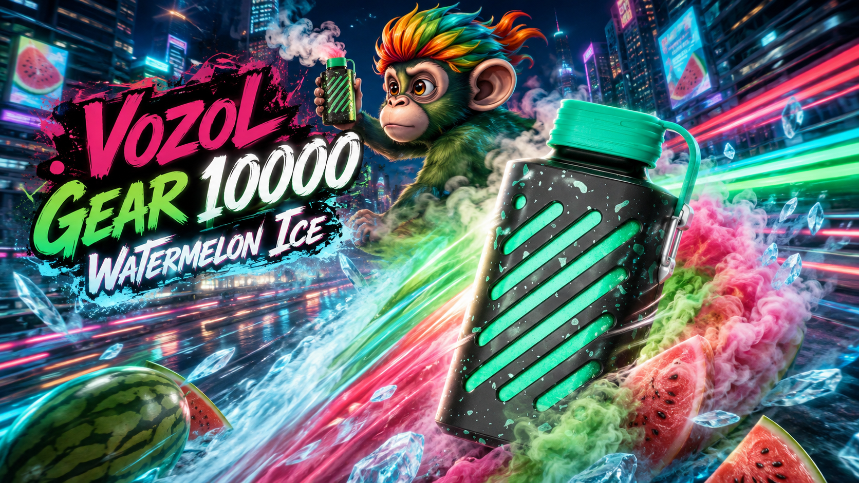 Black and green VOZOL Gear 10000 device with watermelon ice theme in neon city background