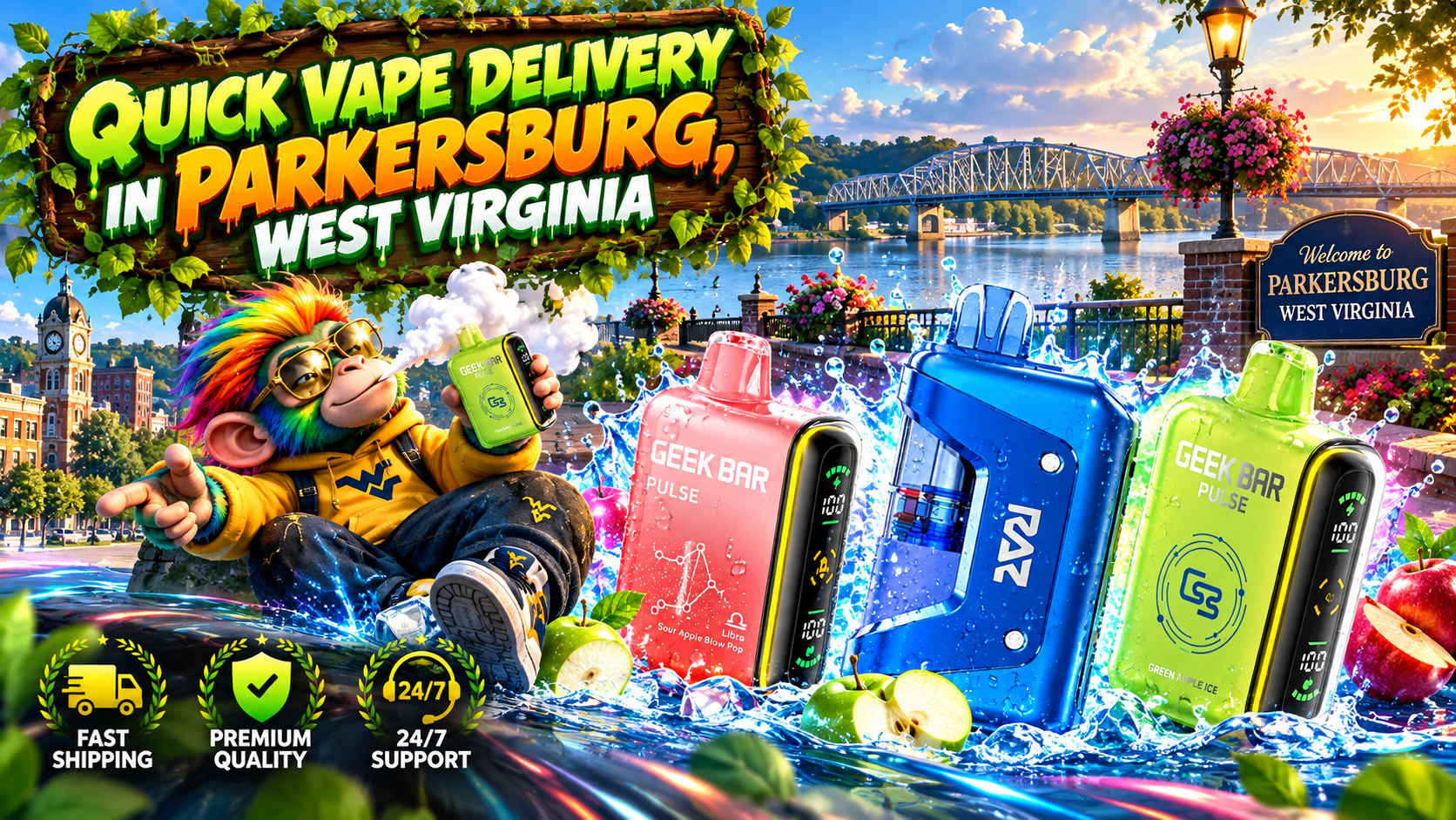 Water-Splashed Vape Delivery Scene in Parkersburg, West Virginia Colorful vape devices with water splashes set against a scenic Parkersburg riverfront and bridge.
