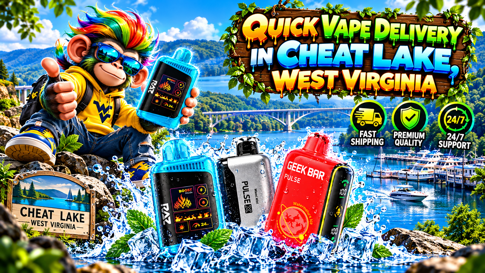 Colorful vape devices with water splashes and ice against a scenic Cheat Lake, West Virginia backdrop.