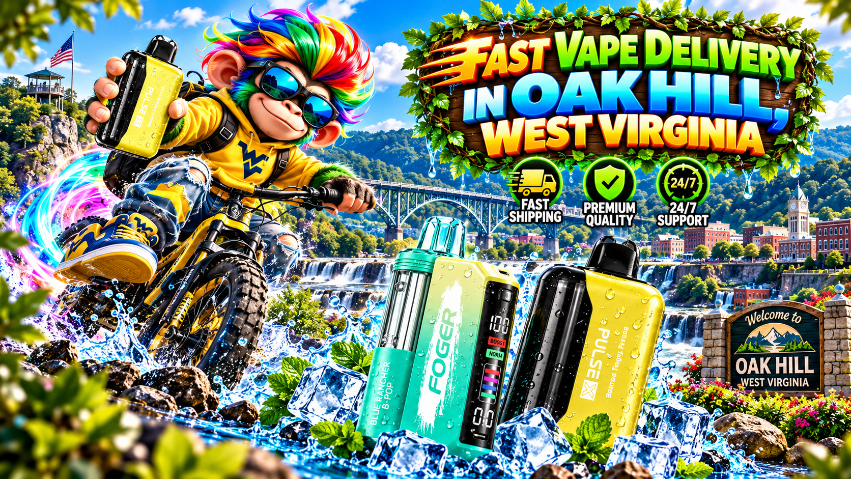 Colorful vape devices with water droplets, ice effects, and a sunny Oak Hill landscape with a bridge.