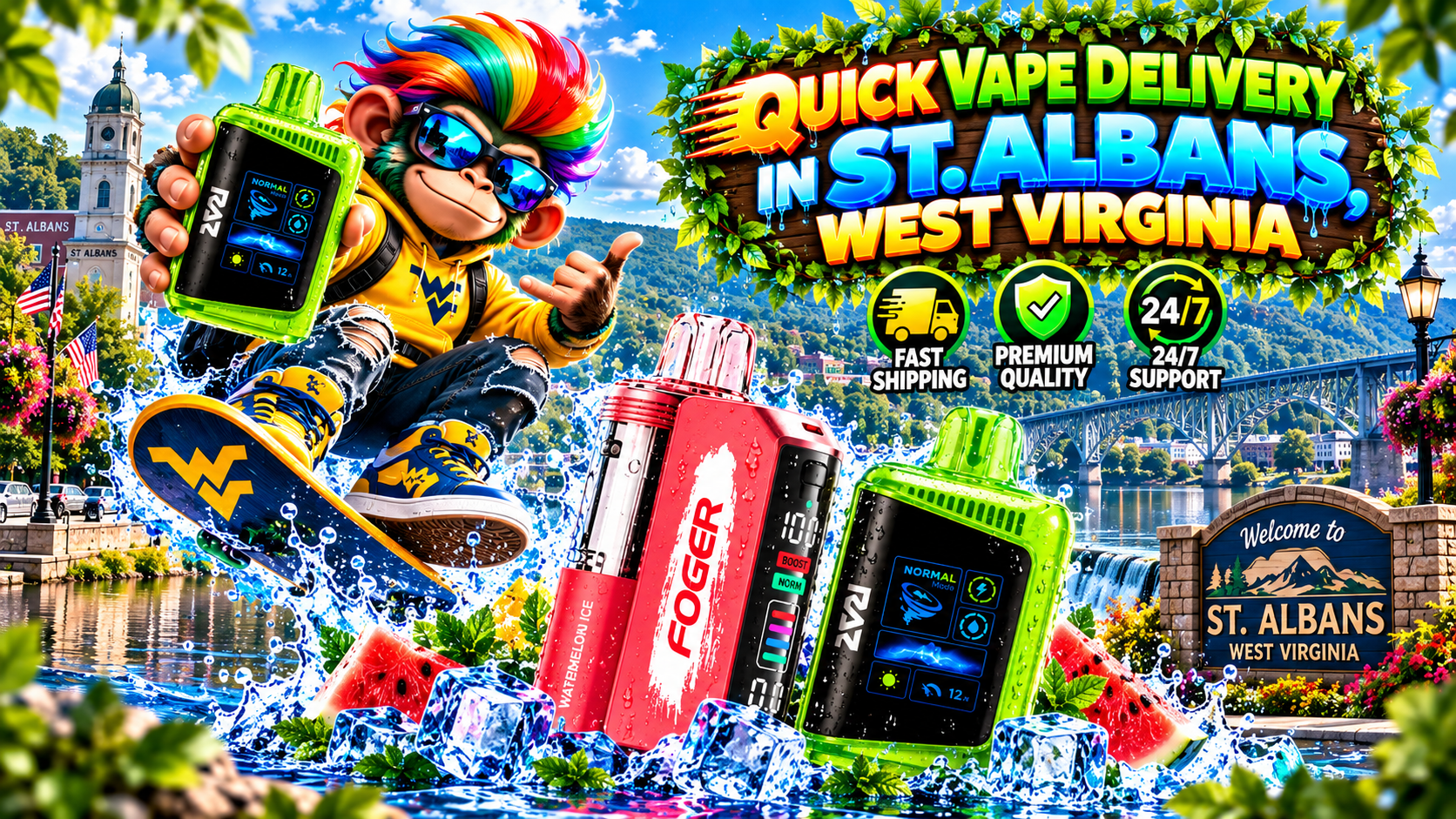 Bright vape devices with water droplets, ice cubes, and a colorful St. Albans waterfront backdrop.