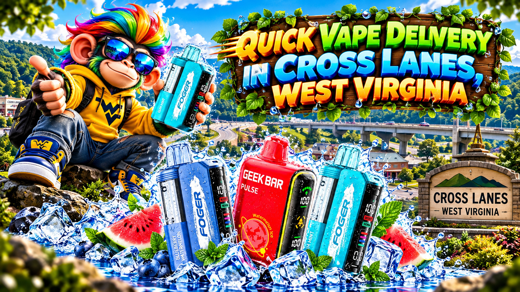 Colorful water-dappled vape devices with ice and fruit accents against a scenic Cross Lanes backdrop.