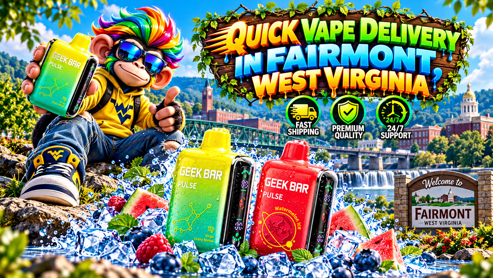 Water-Splashed Vape Devices in Fairmont, West Virginia Colorful vape devices with water droplets and ice in a bright Fairmont, West Virginia delivery scene.