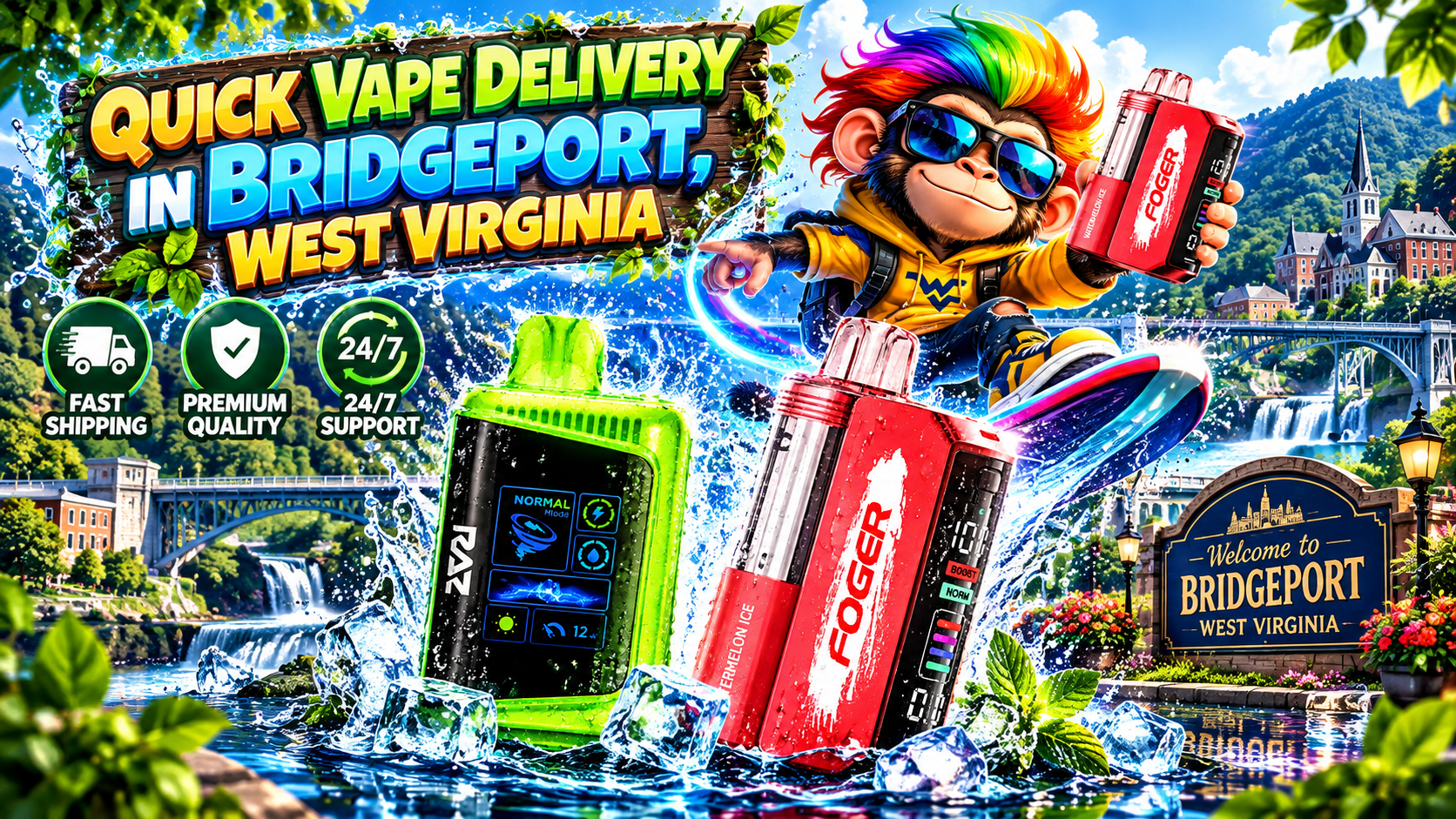 Water-Splashed Vape Devices in Scenic Bridgeport, West Virginia Bright vape devices with water splashes and ice set against a scenic Bridgeport mountain backdrop.