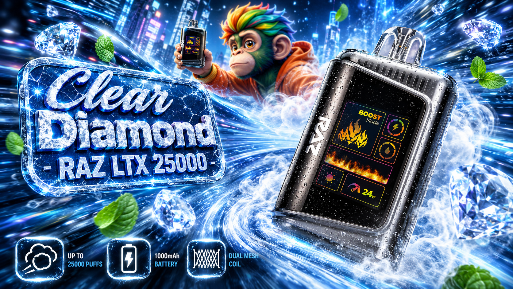 RAZ LTX 25000 Clear Diamond Disposable Vape with Crystal Ice Design RAZ LTX 25000 Clear Diamond disposable vape with crystal diamonds, mint leaves, icy vapor, and cooling effects.