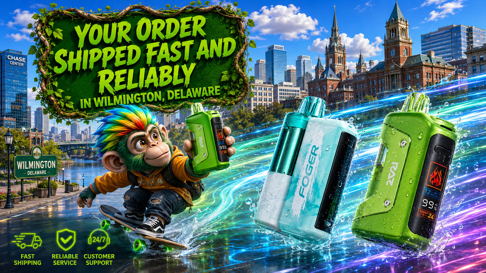 A vibrant promotional banner featuring premium disposable vapes speeding through downtown Wilmington, Delaware with colorful energy trails and water splashes. A playful skateboard-riding character holds a green vape while a bold sign reads "Your Order Shipped Fast and Reliably in Wilmington, Delaware," highlighting fast shipping, reliable service, and online vape delivery from a trusted online vapor store.