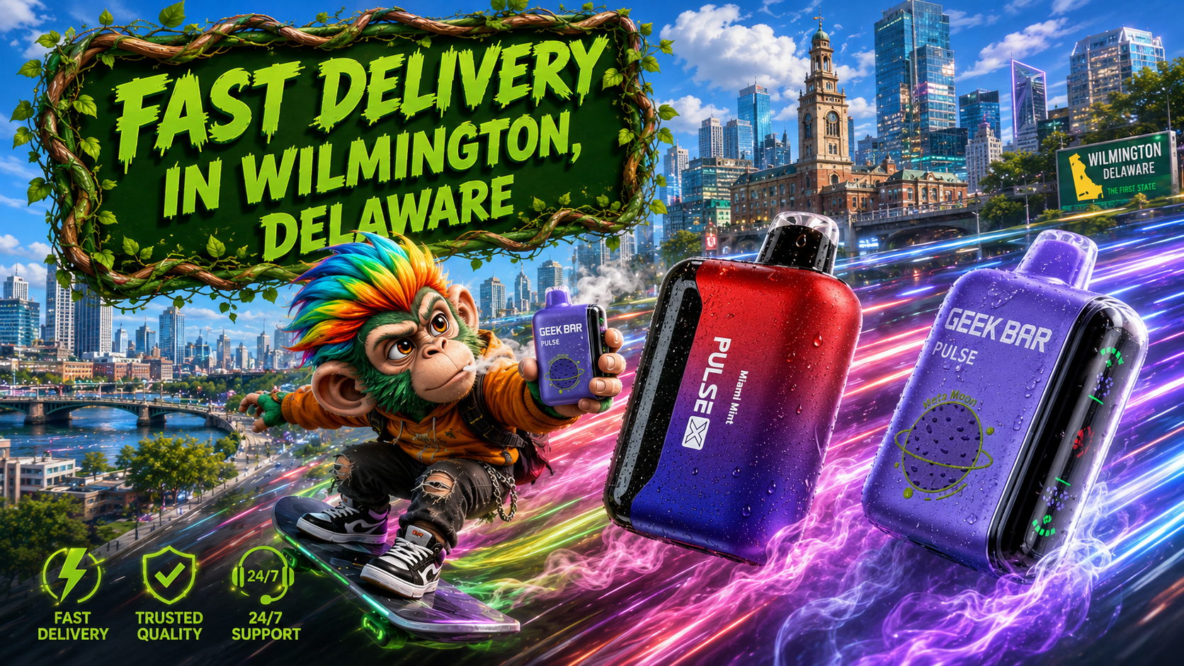 A colorful promotional banner featuring Geek Bar Pulse disposable vapes racing through the Wilmington, Delaware skyline with vibrant neon energy trails and swirling vapor effects. A playful skateboard-riding mascot holds a Geek Bar Pulse device beneath a bold "Fast Delivery in Wilmington, Delaware" sign, emphasizing trusted quality, fast shipping, and 24/7 customer support. The dynamic city backdrop highlights convenient online vape delivery and a premium online vapor store experience.