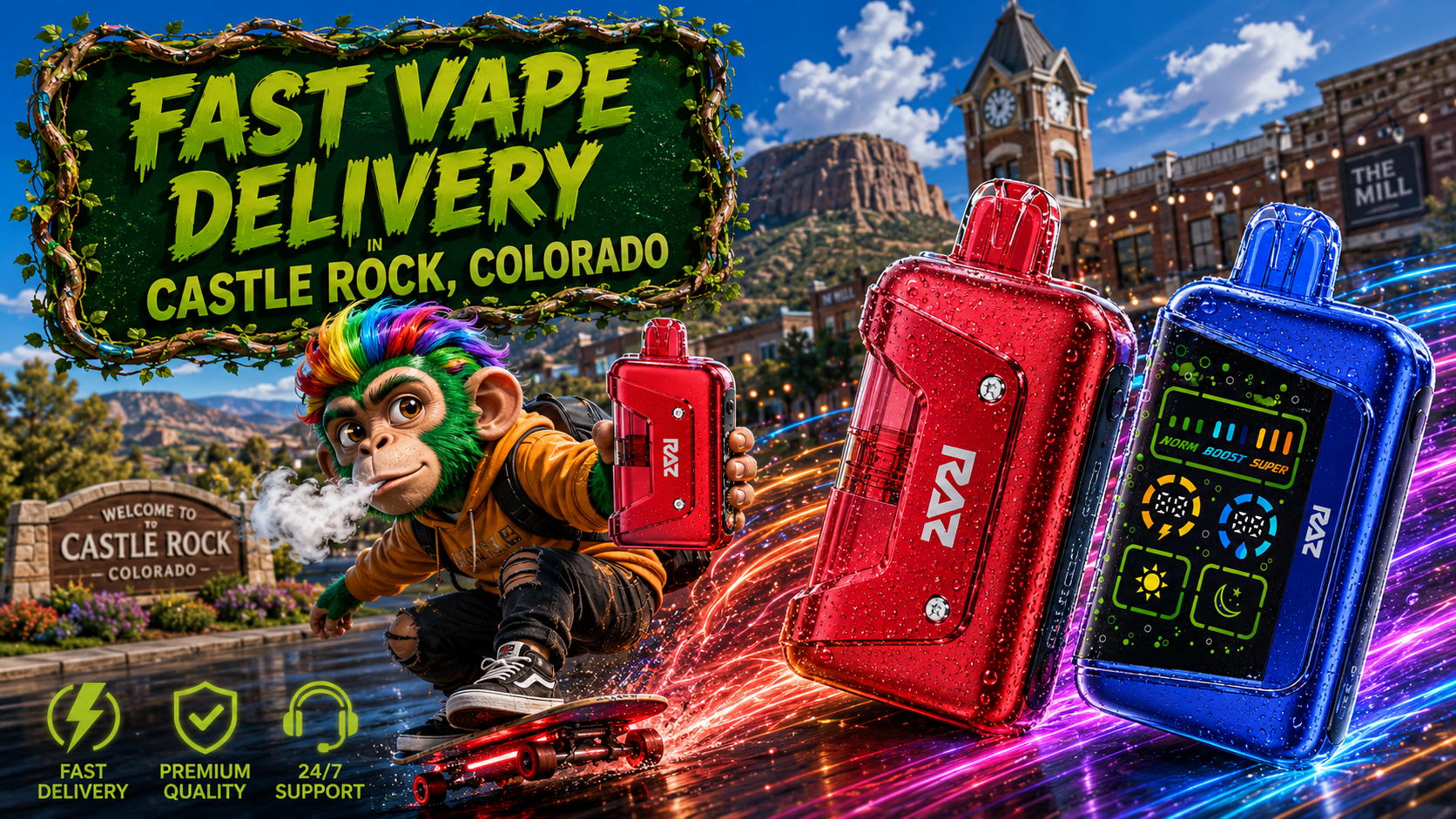 Vibrant Vape Devices Against a Castle Rock, Colorado Mountain Scene Red and blue vape devices with water droplets, neon motion effects, and a lively Castle Rock mountain backdrop.