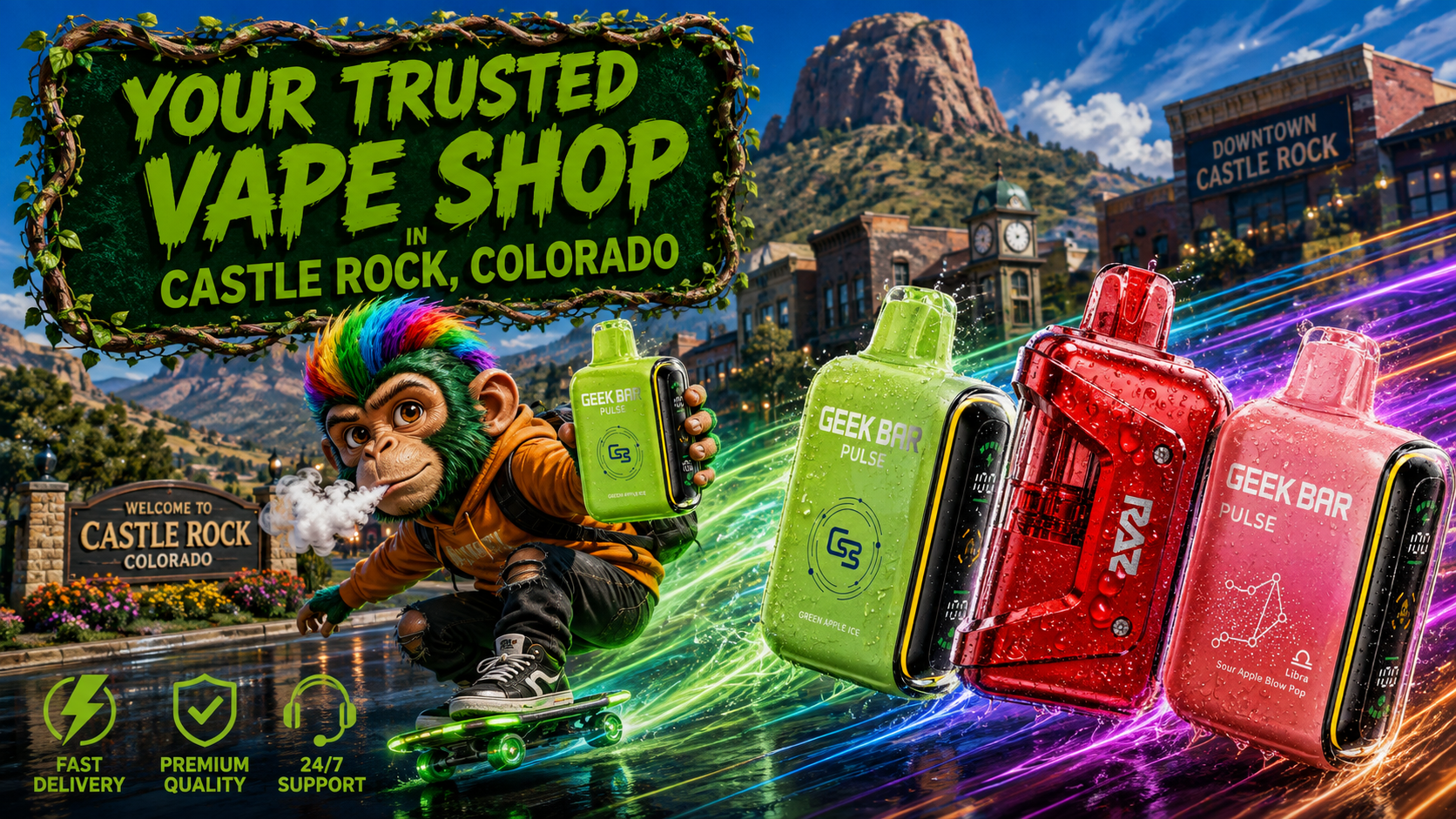 Water-Detailed Vape Devices in a Vibrant Castle Rock, Colorado Scene Green, red, and pink vape devices with water drops and glowing trails set against scenic Castle Rock.