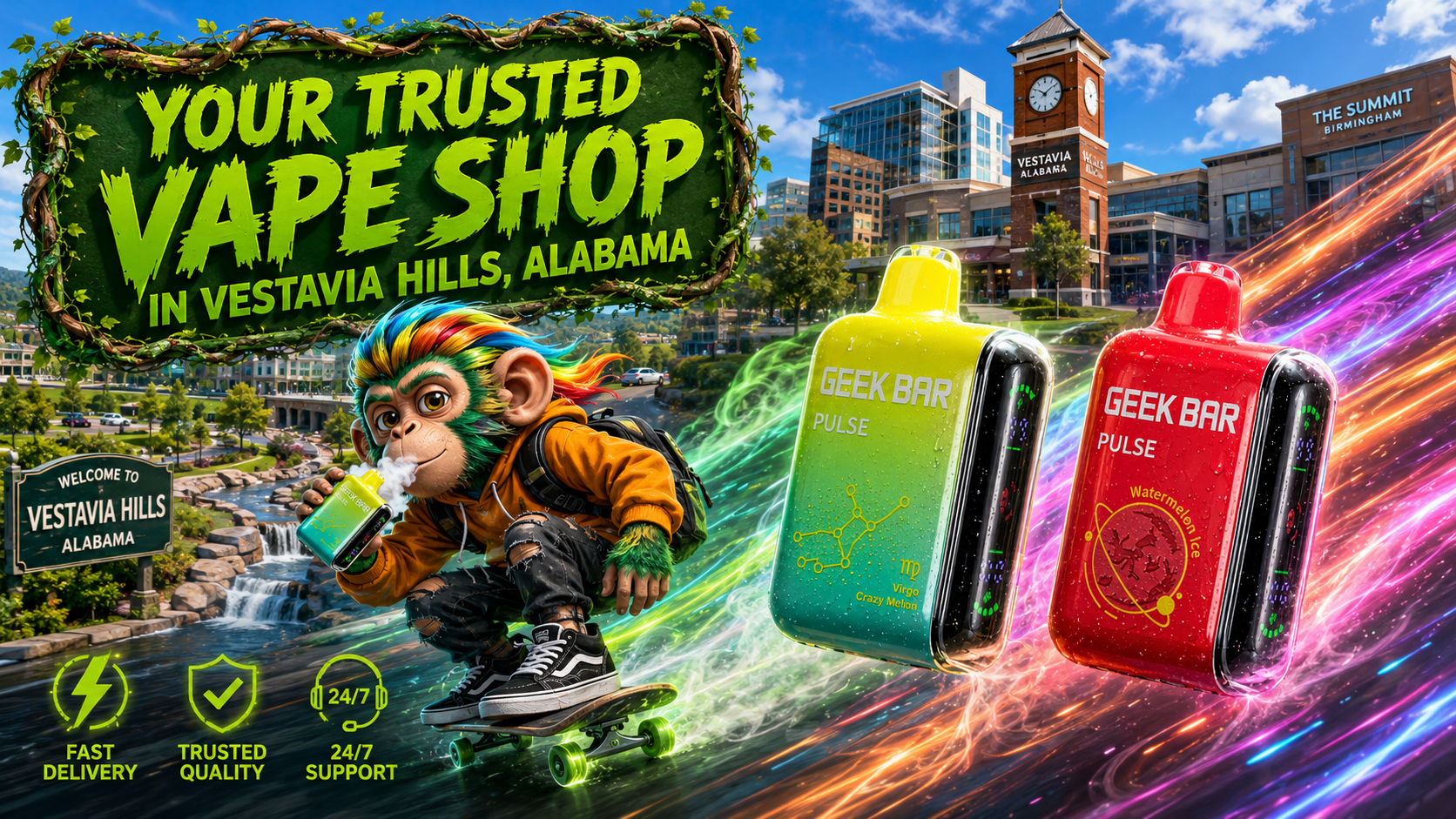 Colorful Disposable Vape Devices with Dynamic City Background Two colorful disposable vape devices with water droplets, vibrant energy trails, and a modern city backdrop.