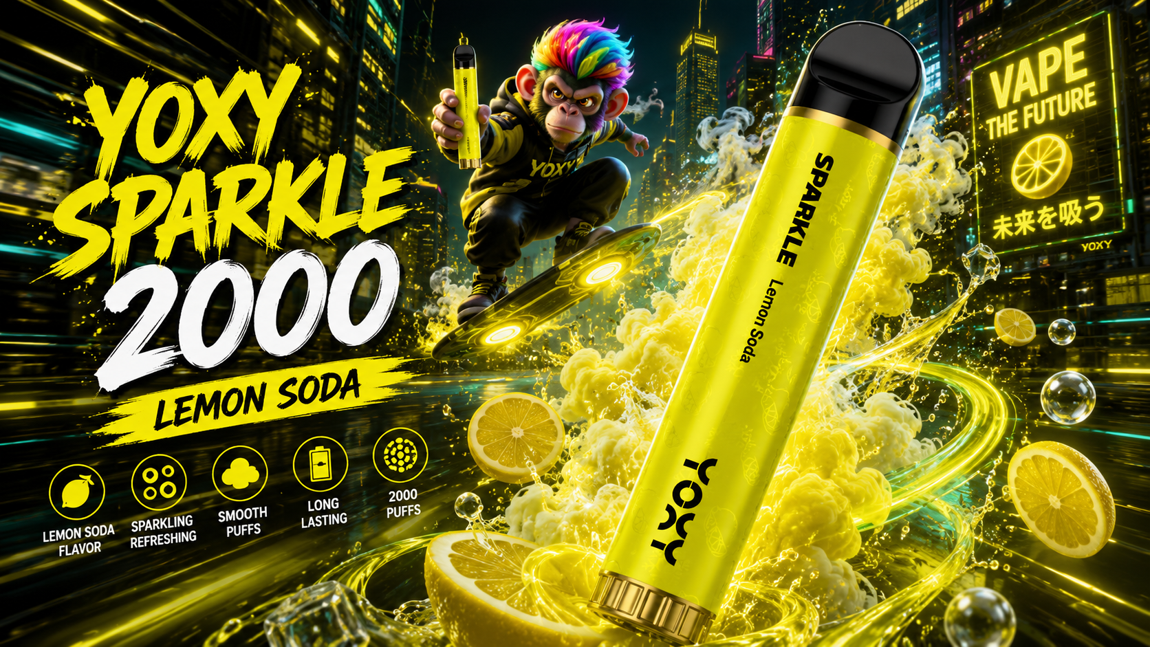 The photo shows a neon‑lit futuristic cityscape where a colorful monkey mascot rides a hoverboard and presents a bright yellow “Yoxy Sparkle 2000 Lemon Soda” vape surrounded by splashes of lemon soda and glowing bubbles.