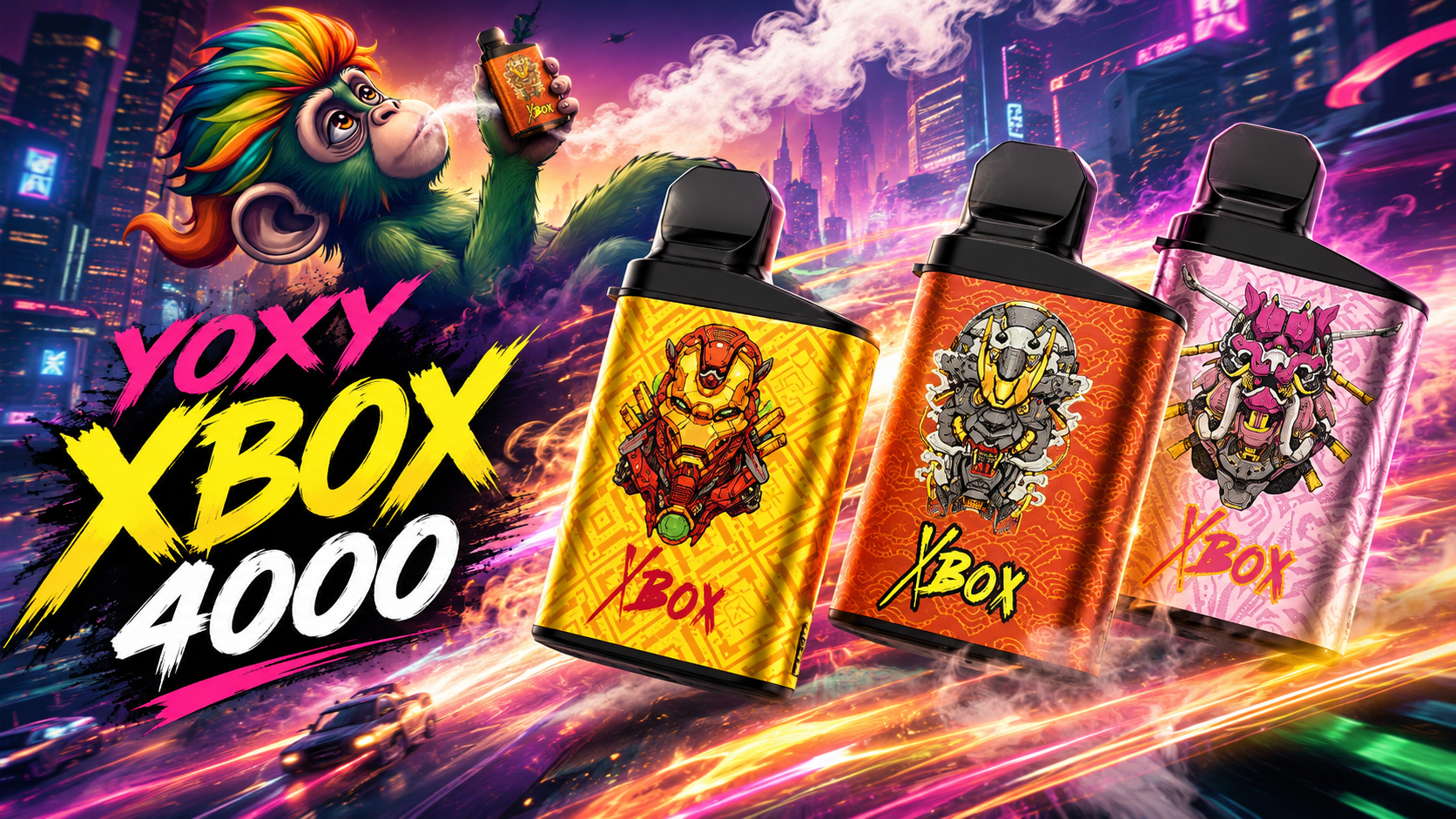 Colorful vape devices with futuristic robotic designs displayed in neon city background